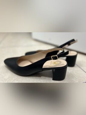 Black Pointed Slingback Block Heels with Gold Buckle